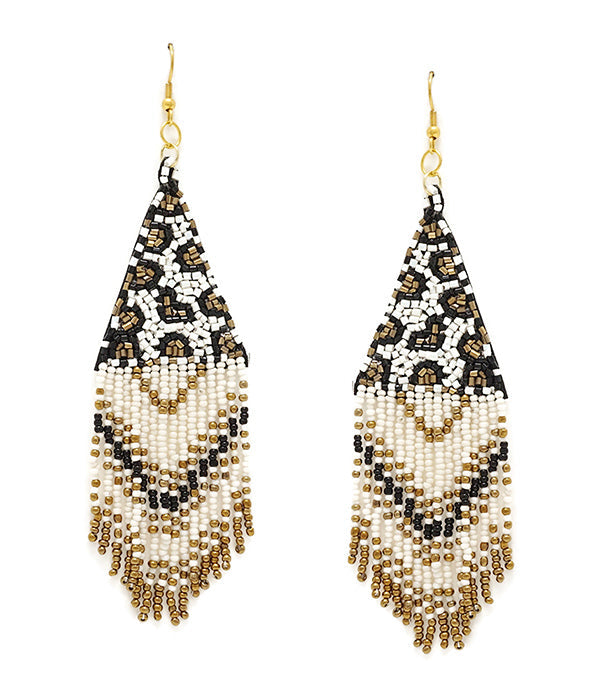 Handmade Beaded Tassel Drop Earrings - Leopard
